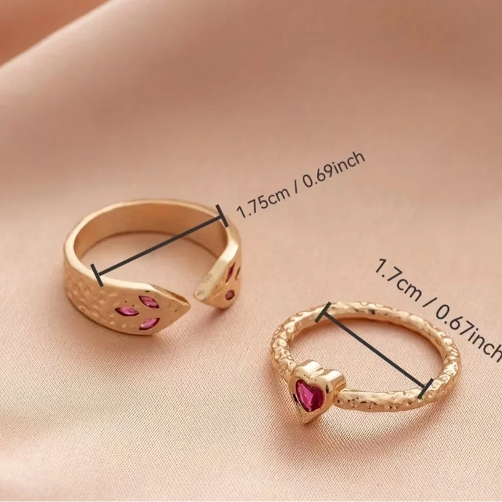 Gold Ring Set with Heart and Leaf Red Accents